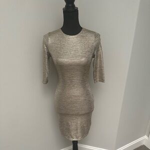 Alice + Olivia Gold Ribbed Bodycon Dress 3/4 Sleeve